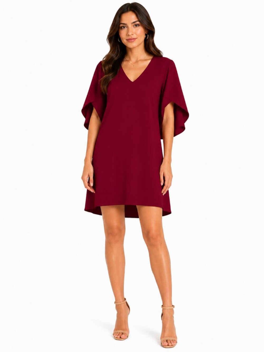 ANNA CATE Meredith Shift Dress Burgundy Red V-Neck Statement Sleeve Lined M